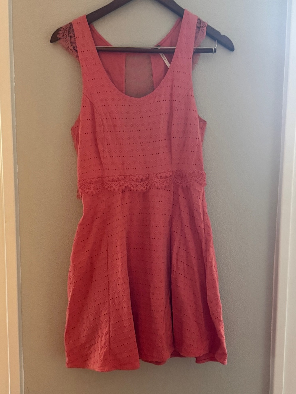 Free People Eyelet Lace Skater Mini Dress – Coral Pink (Size SP)